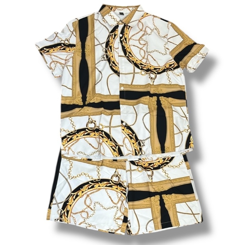 Shein Manfinity Chain Print Shirt & Short Set Men's XXL Equestrian Luxury Style